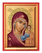 Virgin Mary of Kazan gold leaf wooden Byzantine icon with red borders