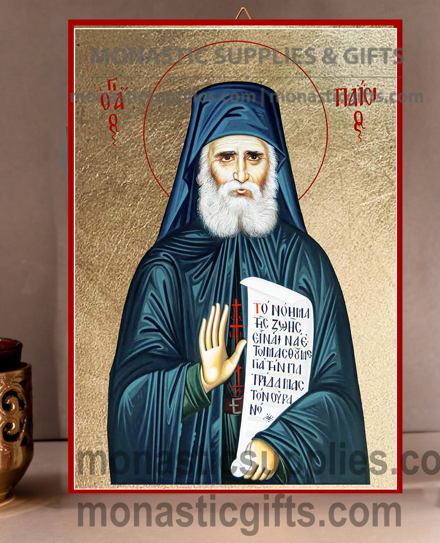 Handcrafted Orthodox gold leaf canvas icon of Saint Paisios of Mount Athos patron of families and cancer patients on solid wooden panel