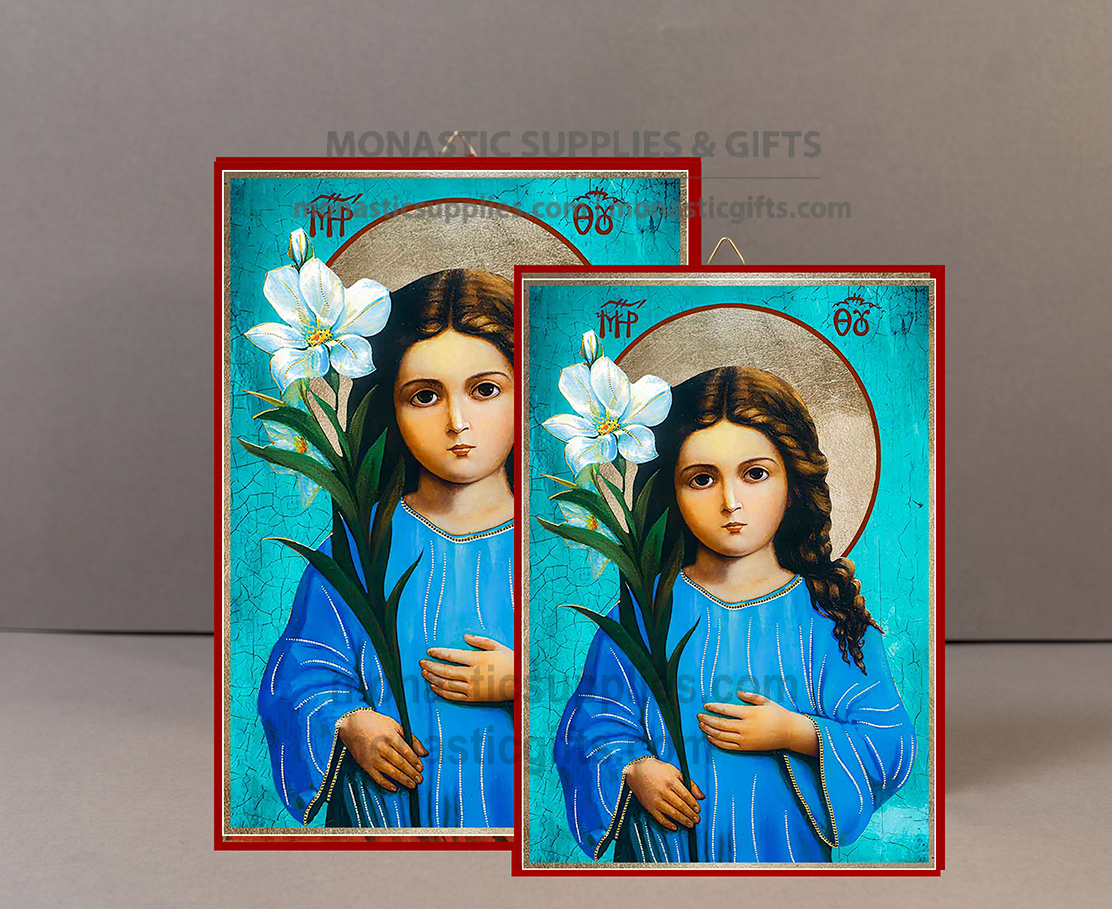 Handcrafted Orthodox gold leaf canvas icon of the Child Virgin Mary at three years old holding a white lily on solid wooden panel