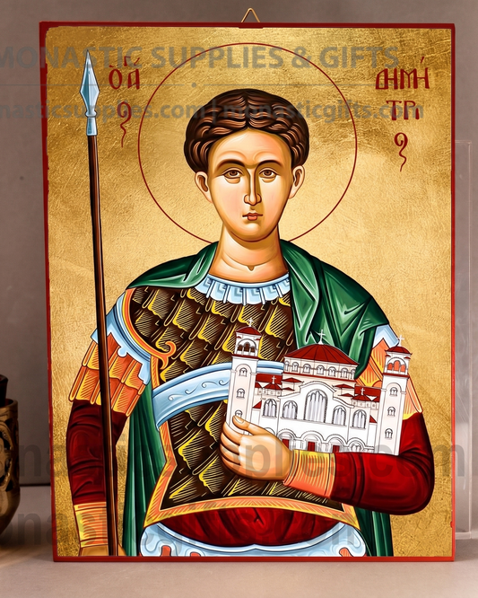 Handcrafted Orthodox gold leaf canvas icon of Saint Demetrios holding spear and church on solid wooden panel