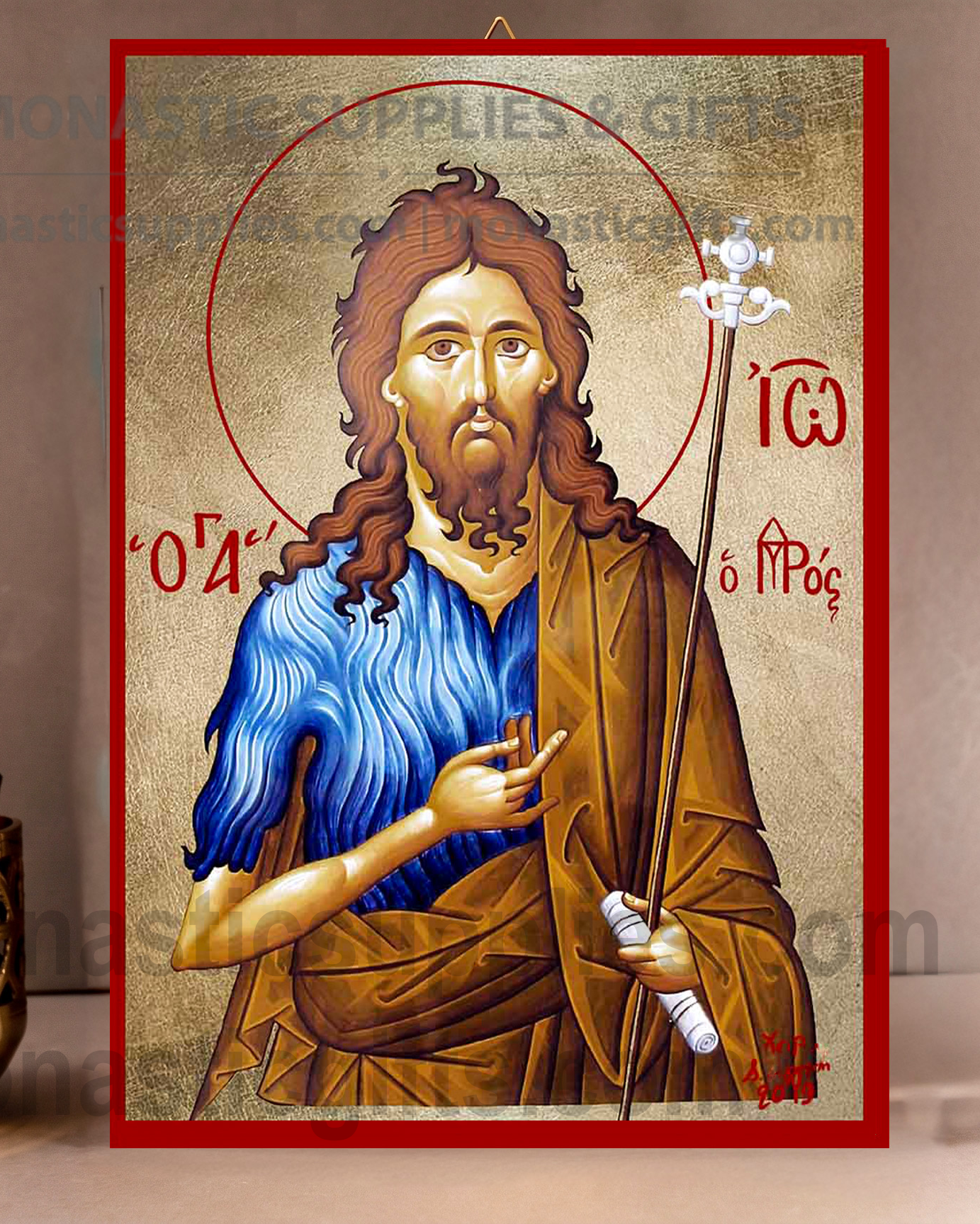 Handcrafted Orthodox gold leaf canvas icon of Saint John the Forerunner on solid wooden panel