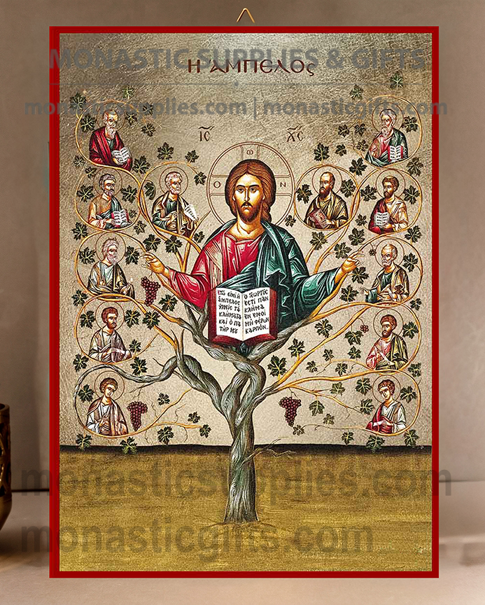 Handcrafted Orthodox gold leaf canvas icon of Christ the True Vine with Twelve Apostles on solid wooden panel