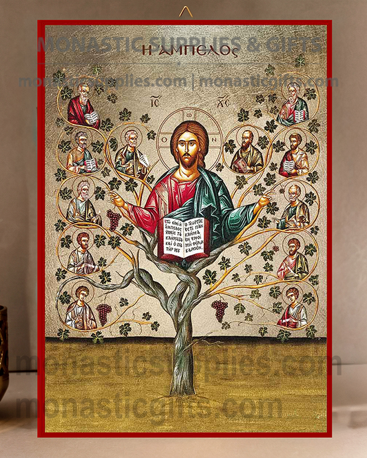 Handcrafted Orthodox gold leaf canvas icon of Christ the True Vine with Twelve Apostles on solid wooden panel