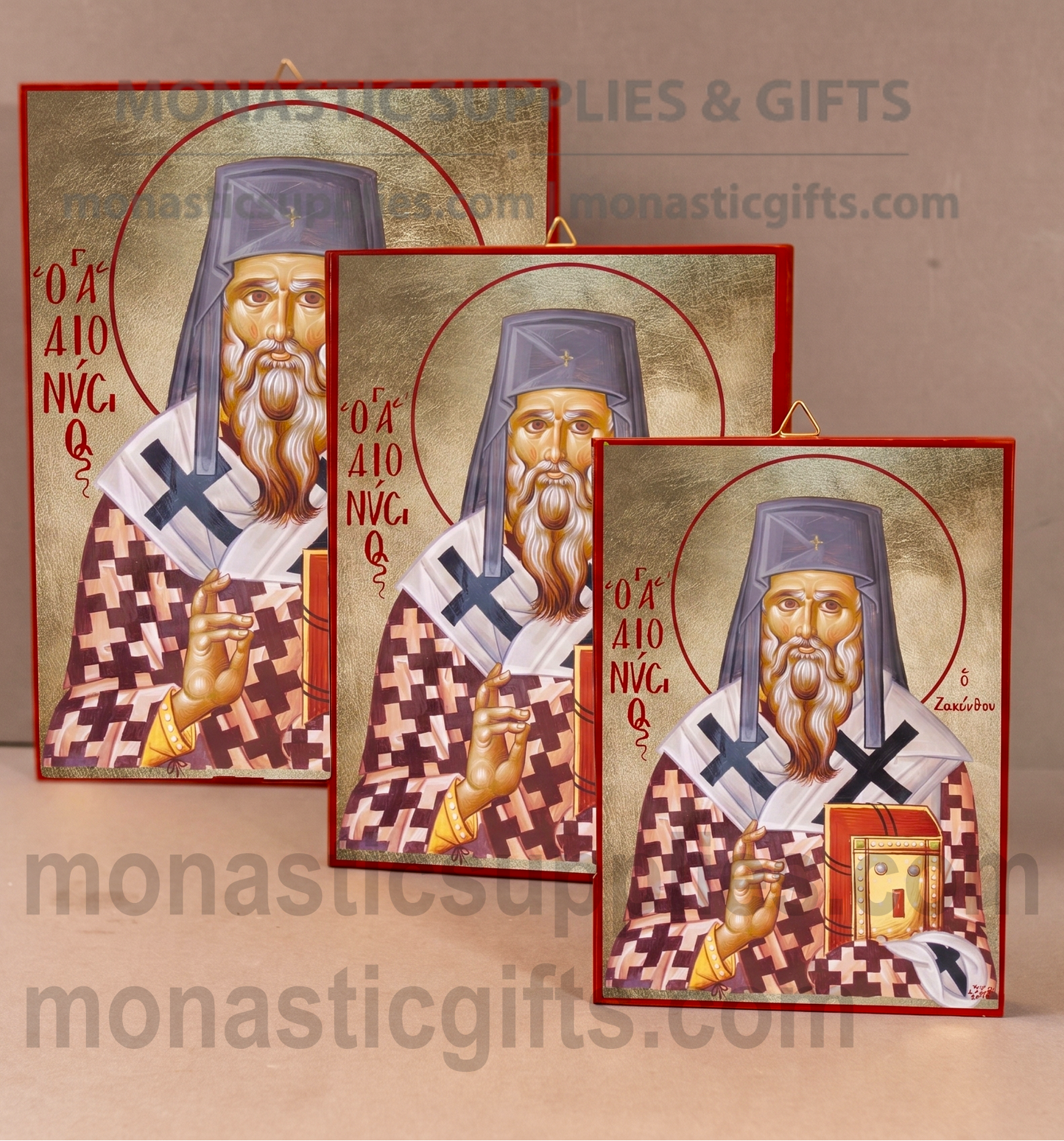 Handcrafted Orthodox gold leaf canvas icon of Saint Dionysios of Zakynthos on solid wooden panel