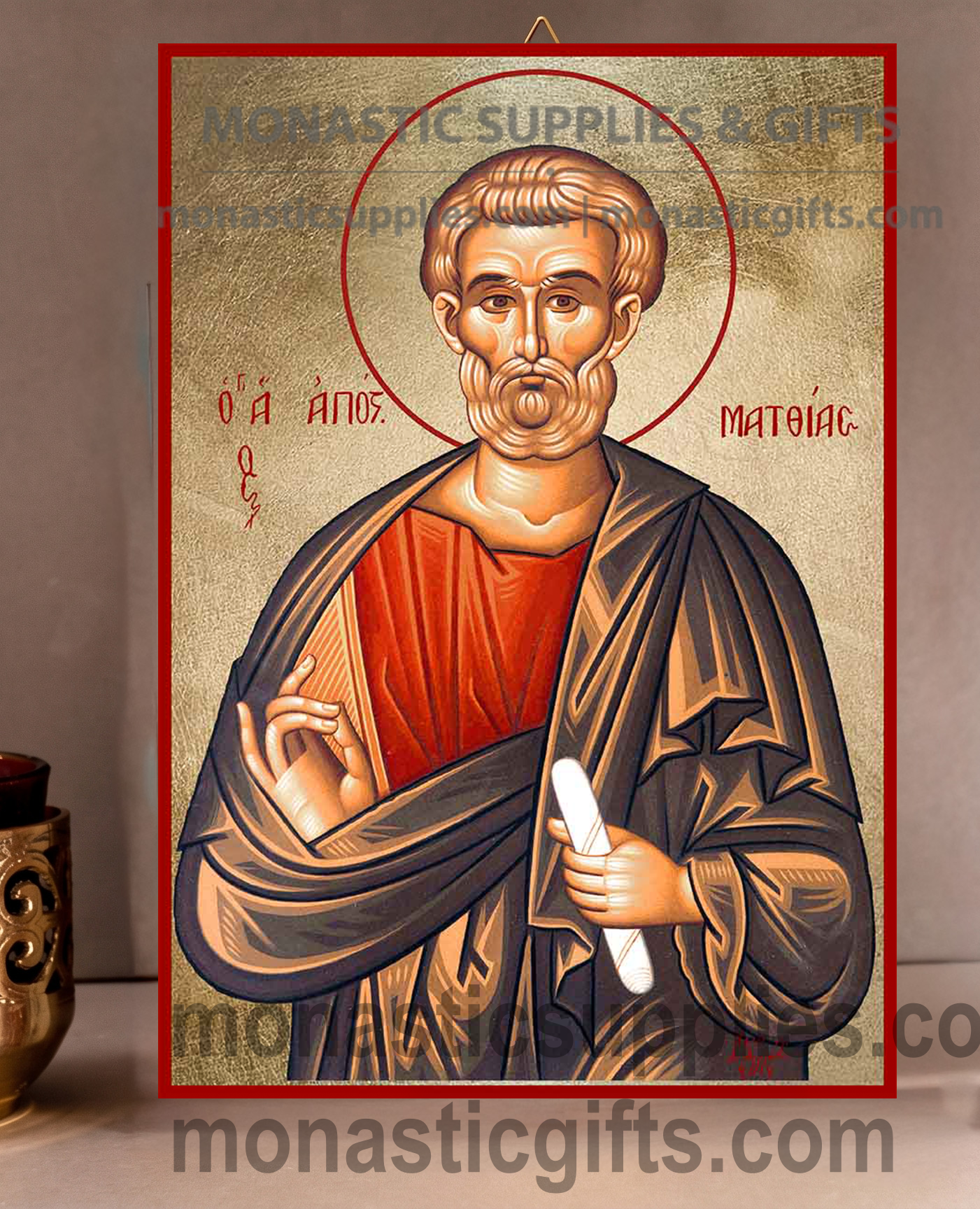 Handcrafted Orthodox gold leaf canvas icon of Saint Matthew the Evangelist patron of accountants and bankers on solid wooden panel