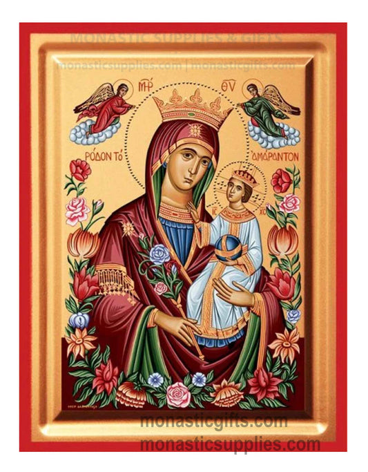 Virgin Mary the Unfading Rose Amaranthine Rose Gold Leaf Premium Handmade Wooden Icon - Luxury Gift Box Included