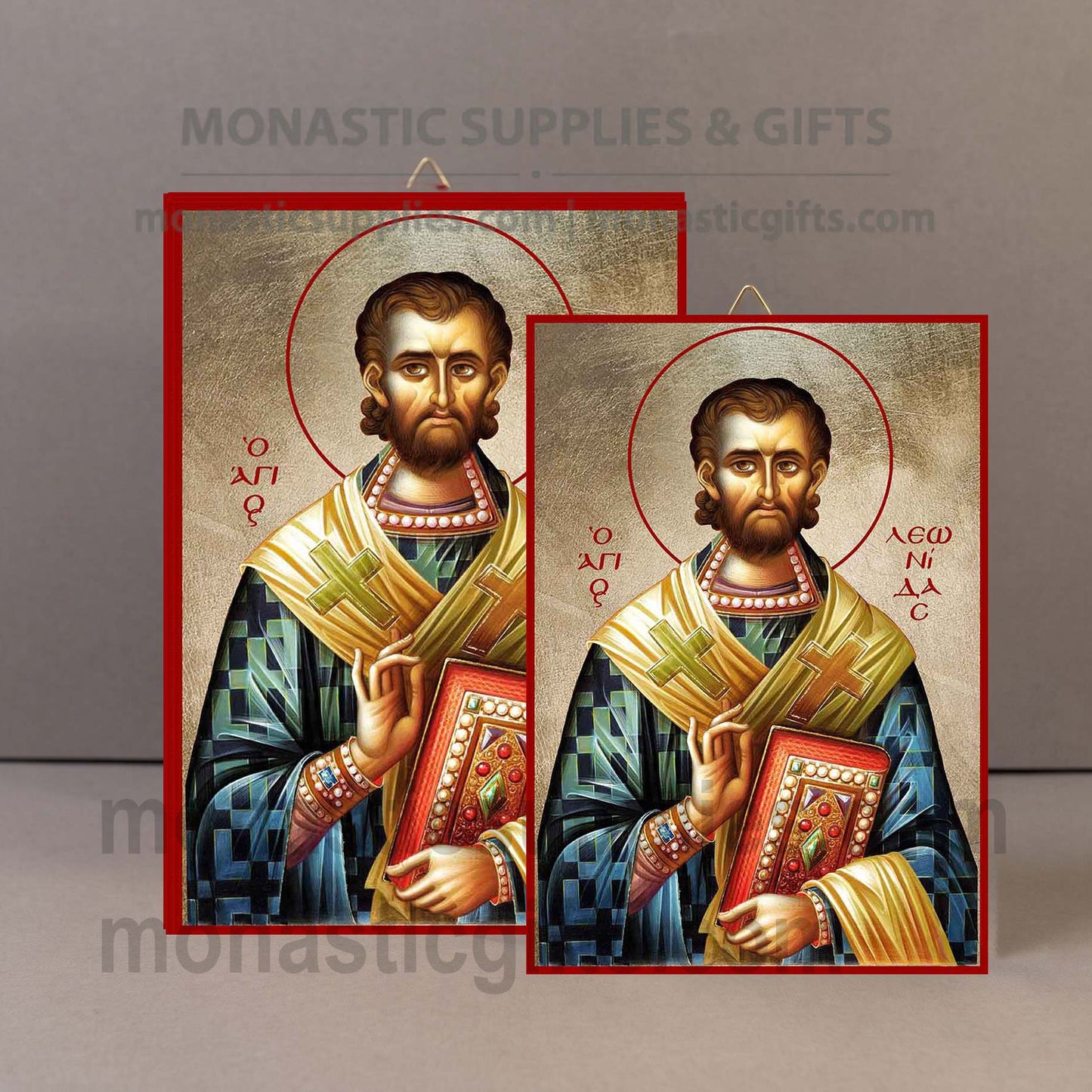 Handcrafted Orthodox gold leaf canvas icon of Saint Leonidas on solid wooden panel