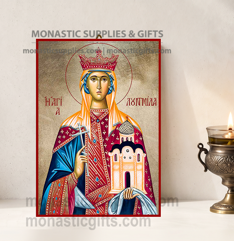Handcrafted Orthodox gold leaf canvas icon of Saint Ludmila of Bohemia with royal crown and church on solid wooden panel
