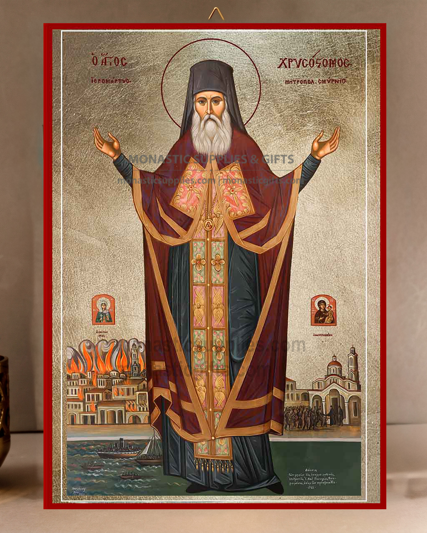 Handcrafted Orthodox gold leaf canvas icon of Saint Chrysostomos of Smyrna Hieromartyr patron of Asia Minor on solid wooden panel