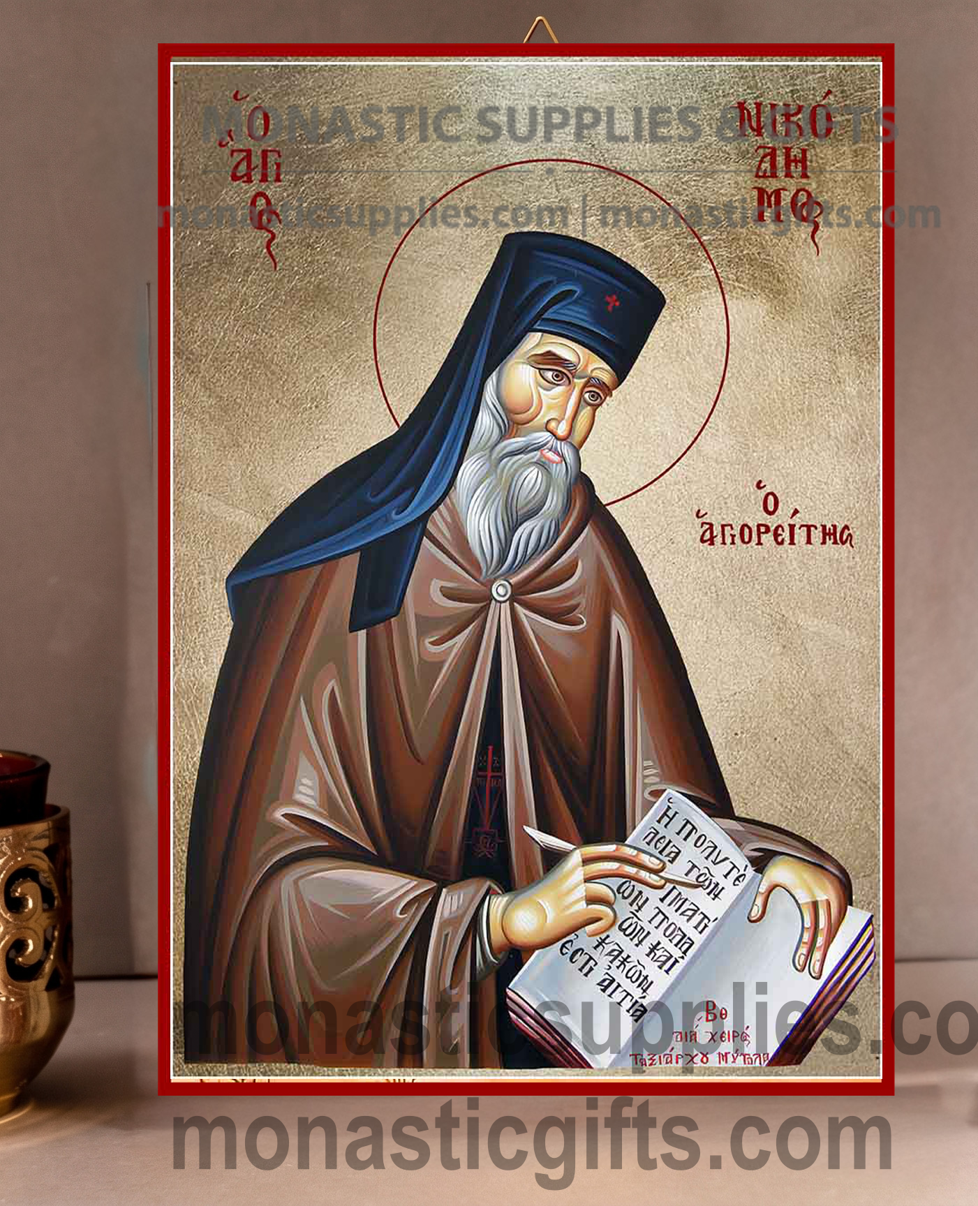 Handcrafted Orthodox gold leaf canvas icon of Saint Nicodemus the Hagiorite patron of spiritual writers on solid wooden panel