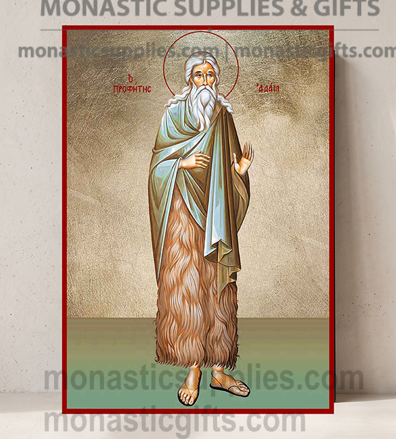 Handcrafted Orthodox gold leaf canvas icon of Holy Forefather and Prophet Adam in prayer on solid wooden panel