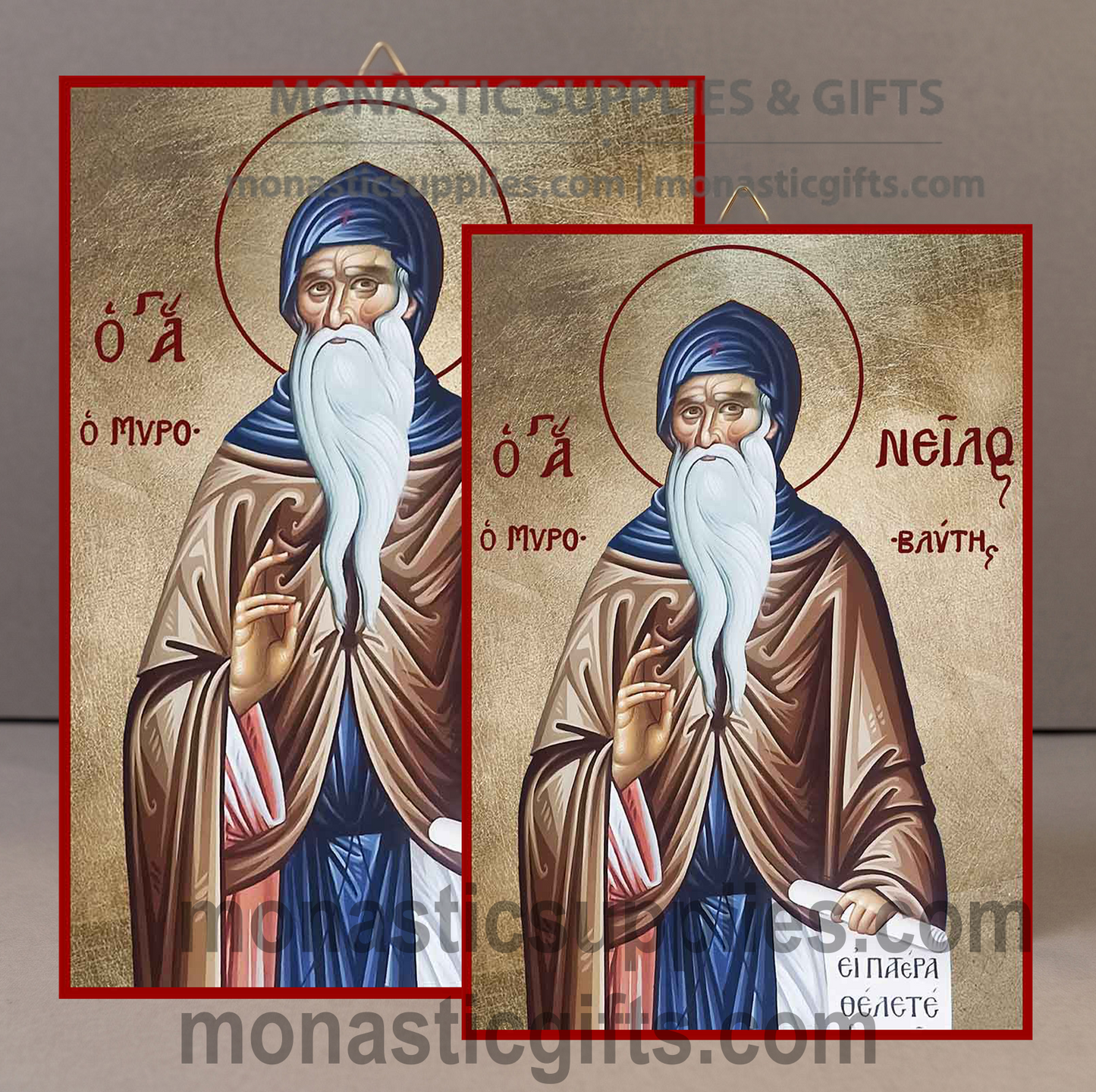 Handcrafted Orthodox gold leaf canvas icon of Saint Nilus patron of ascetics and spiritual guidance on solid wooden panel