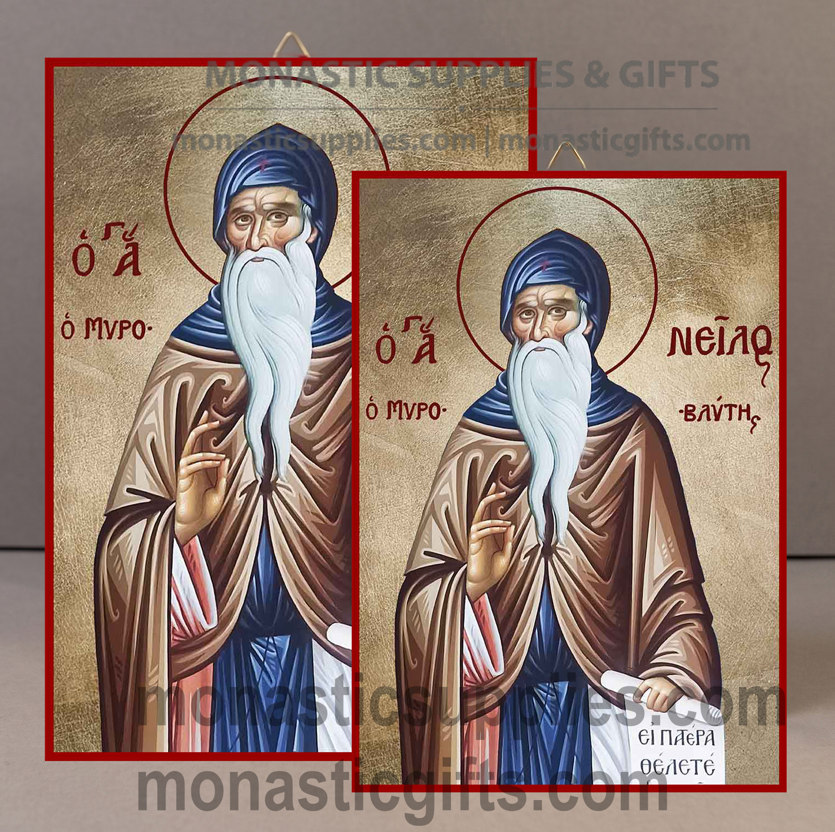 Handcrafted Orthodox gold leaf canvas icon of Saint Nilus patron of ascetics and spiritual guidance on solid wooden panel