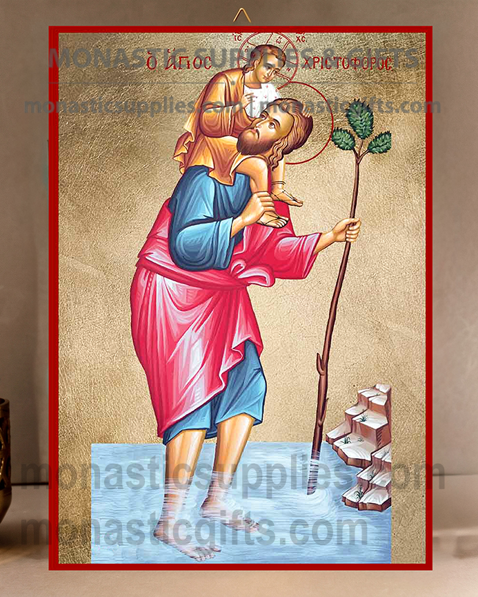 Handcrafted Orthodox gold leaf canvas icon of Saint Christopher the Martyr patron of drivers and travelers on solid wooden panel