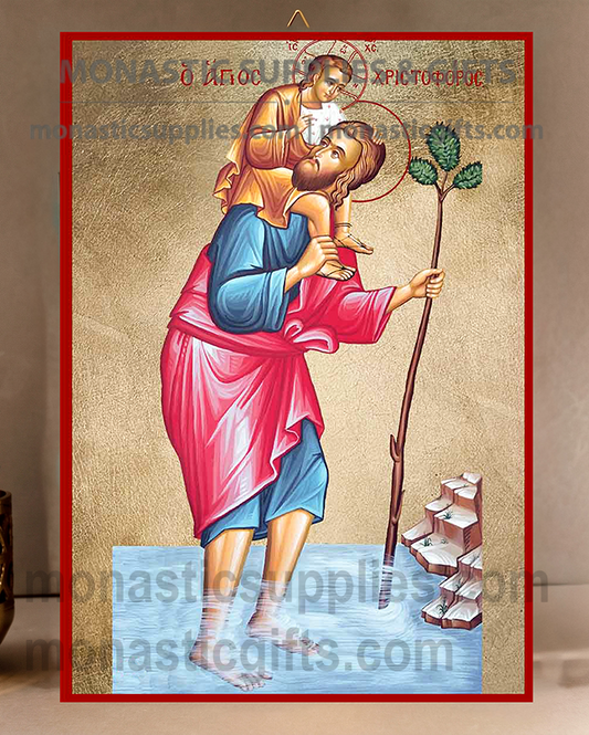Handcrafted Orthodox gold leaf canvas icon of Saint Christopher the Martyr patron of drivers and travelers on solid wooden panel