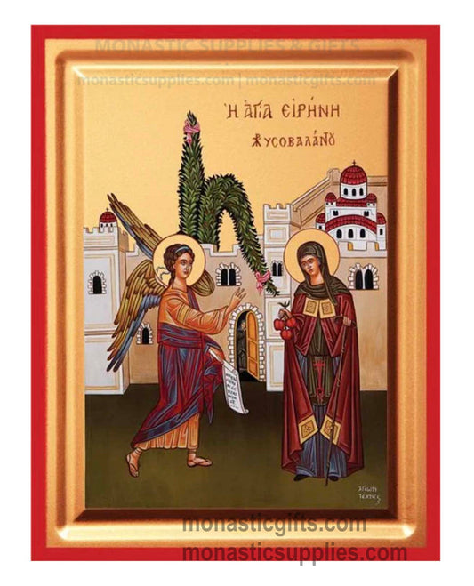 Saint Irene Chrysovalantou holding three apples with angel gold leaf wooden Byzantine icon