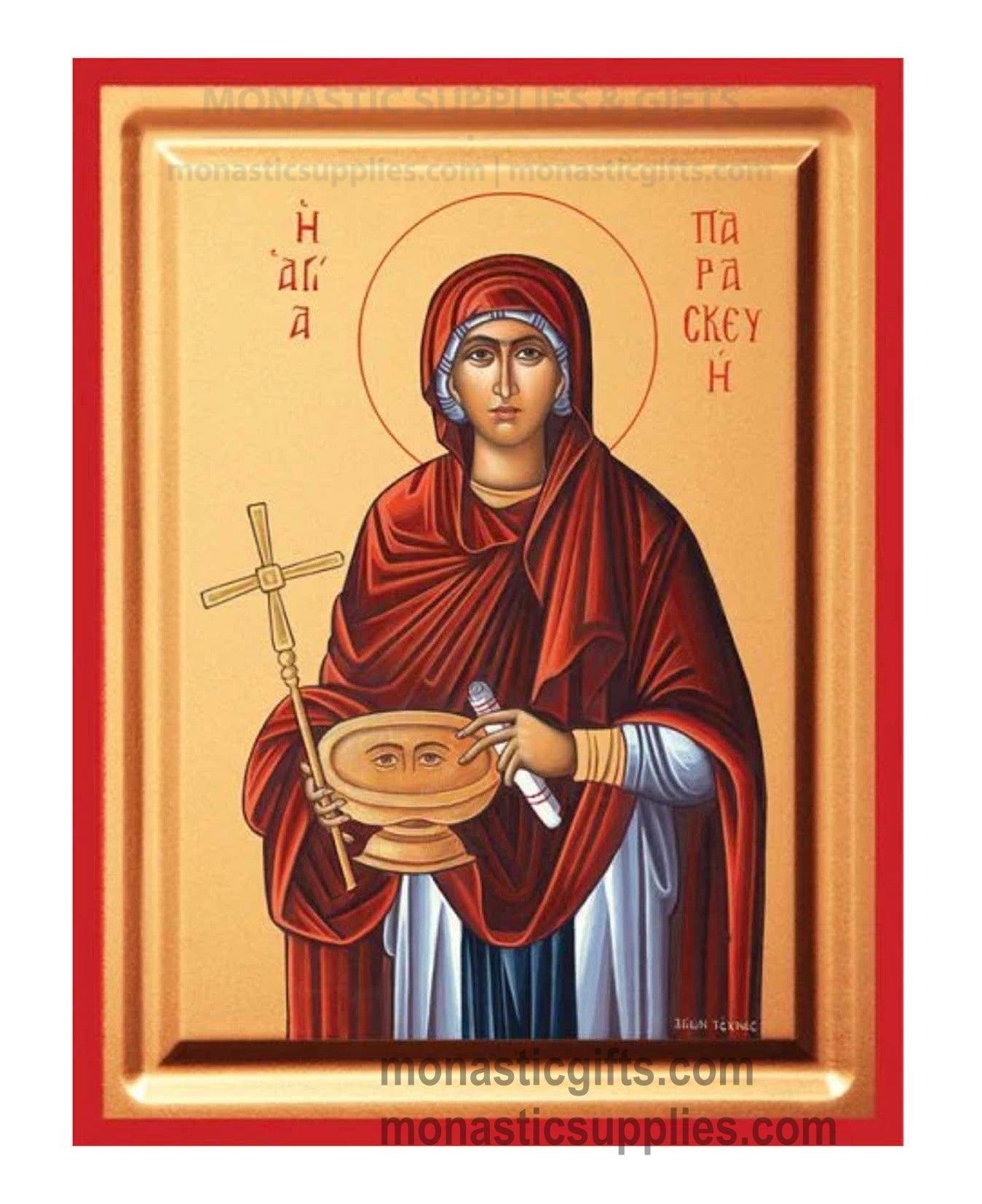 Saint Paraskevi holding a cross and a dish with eyes gold leaf wooden Byzantine icon