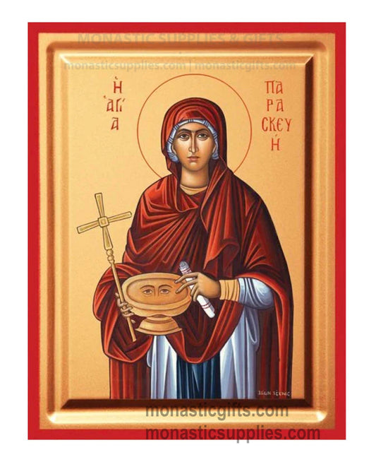 Saint Paraskevi holding a cross and a dish with eyes gold leaf wooden Byzantine icon