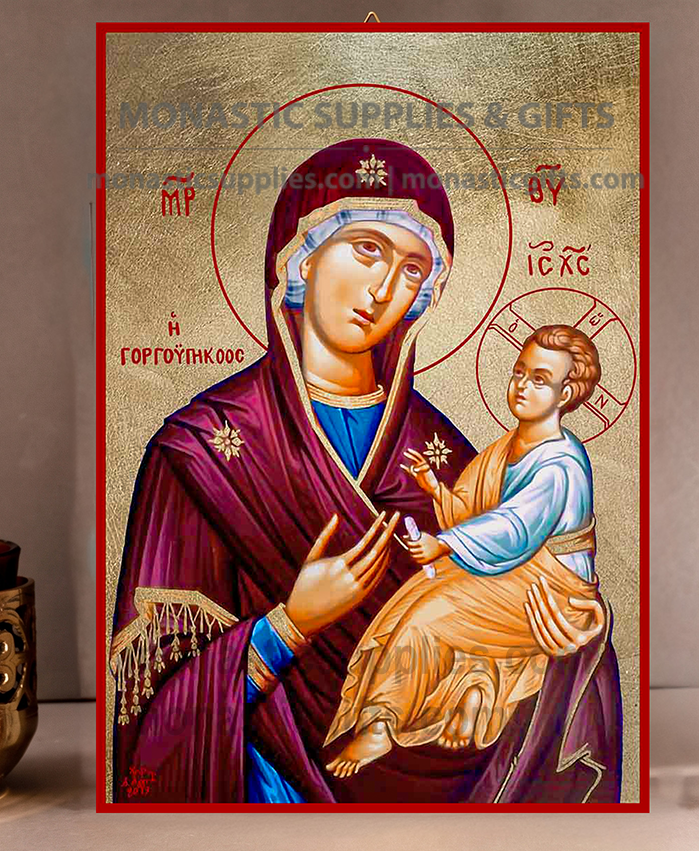 Handcrafted Orthodox gold leaf canvas icon of the Virgin Mary Quick to Hear Theotokos Gorgoepikoos on solid wooden panel