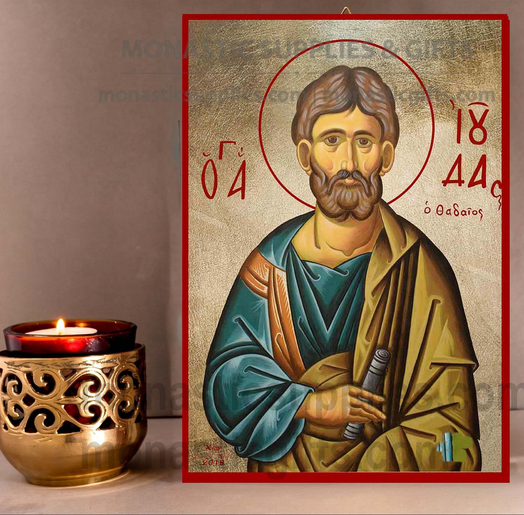 Handcrafted Orthodox gold leaf canvas icon of Saint Jude Thaddeus the Apostle on solid wooden panel