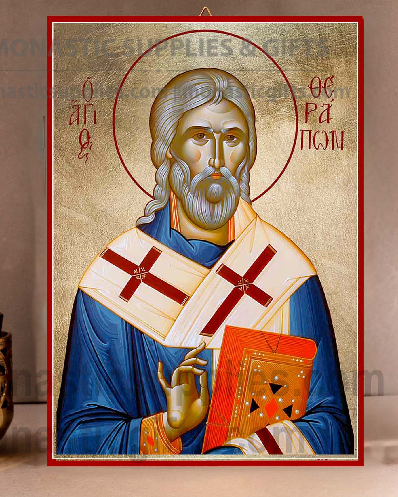 Handcrafted Orthodox gold leaf canvas icon of Saint Therapon the Hieromartyr on solid wooden panel