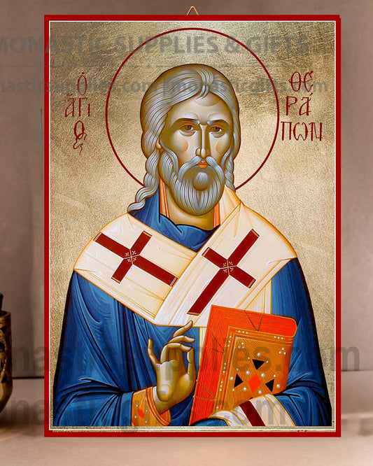 Handcrafted Orthodox gold leaf canvas icon of Saint Therapon the Hieromartyr on solid wooden panel