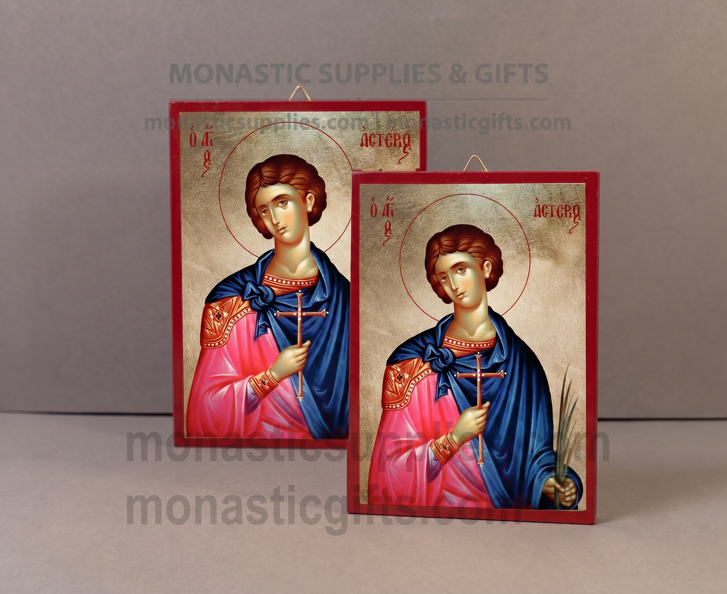 Handcrafted Orthodox gold leaf canvas icon of Saint Asterios on solid wooden panel