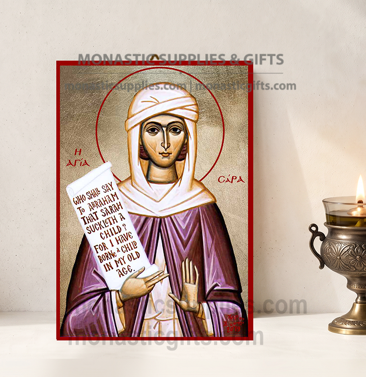 Handcrafted Orthodox gold leaf canvas icon of Saint Sarah the Righteous on solid wooden panel