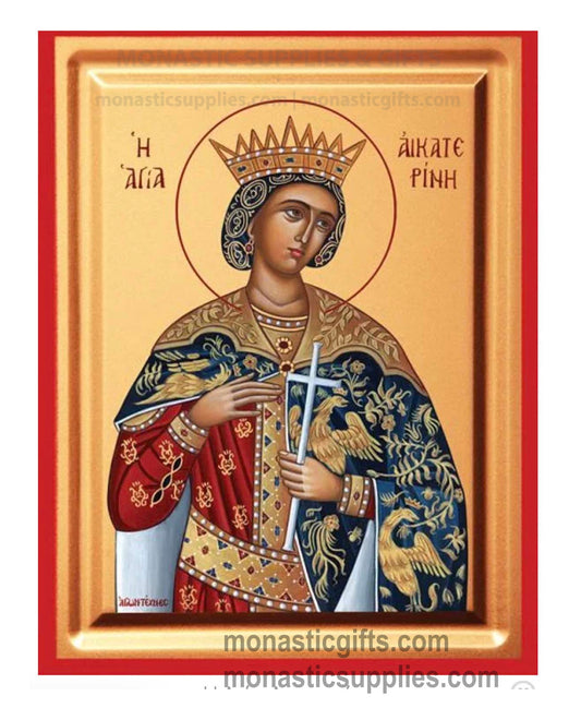 Saint Catherine of Alexandria wearing a crown and holding a cross gold leaf wooden Byzantine icon