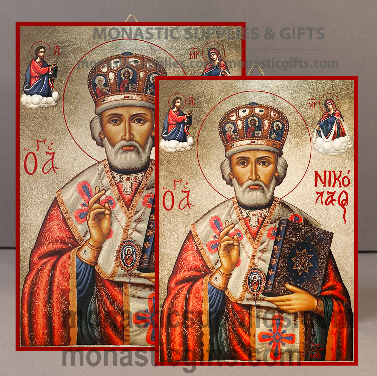 Handcrafted Orthodox gold leaf canvas icon of Saint Nicholas with crown patron of sailors and travelers on solid wooden panel