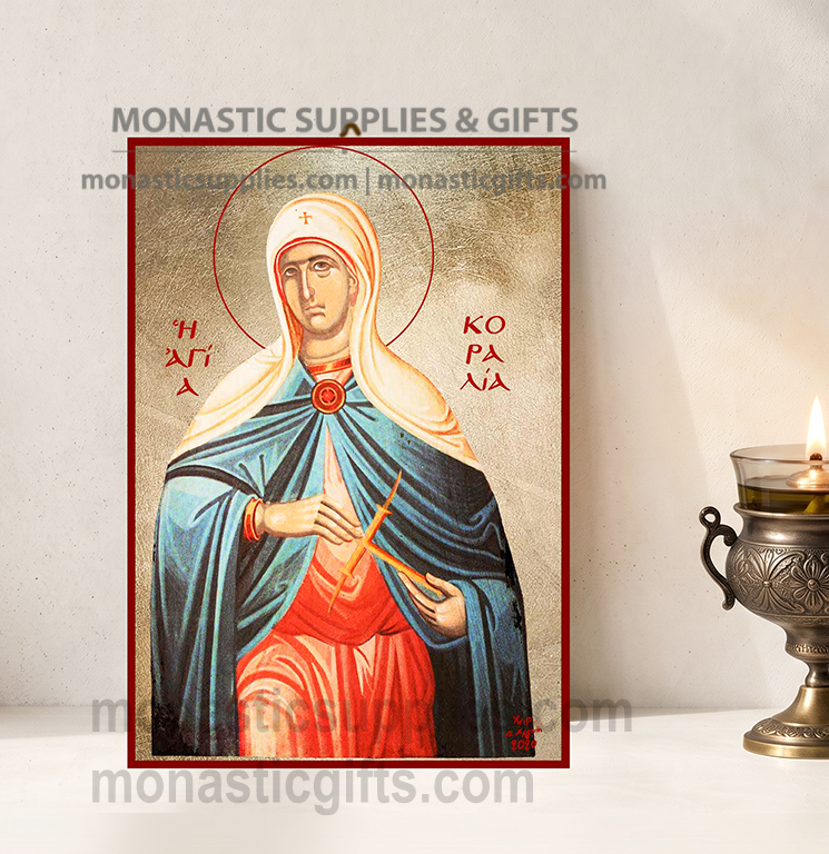 Handcrafted Orthodox gold leaf canvas icon of Saint Coralia the Virgin Martyr on solid wooden panel