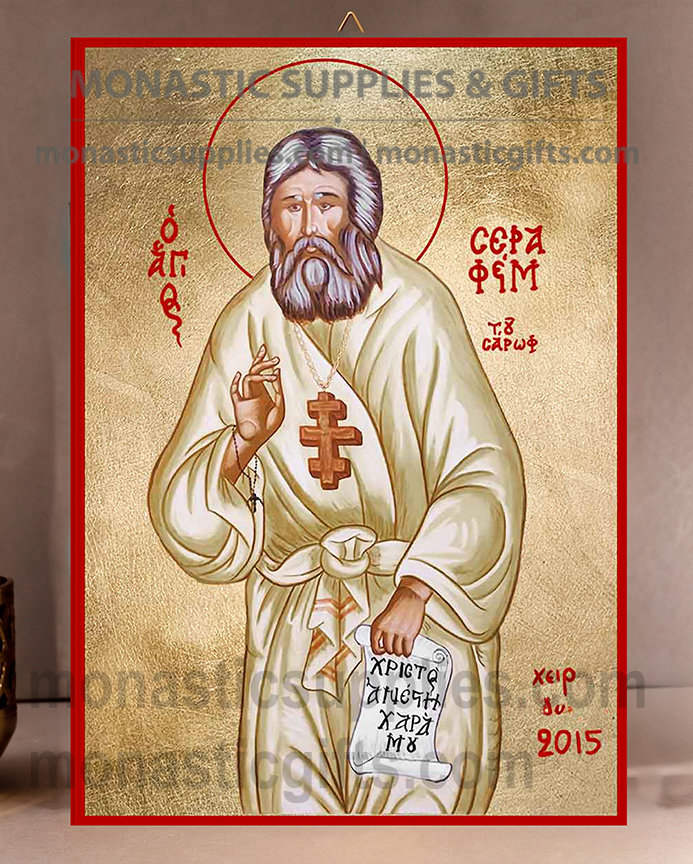 Handcrafted Orthodox gold leaf canvas icon of Saint Seraphim of Sarov patron of inner peace and spiritual joy on solid wooden panel
