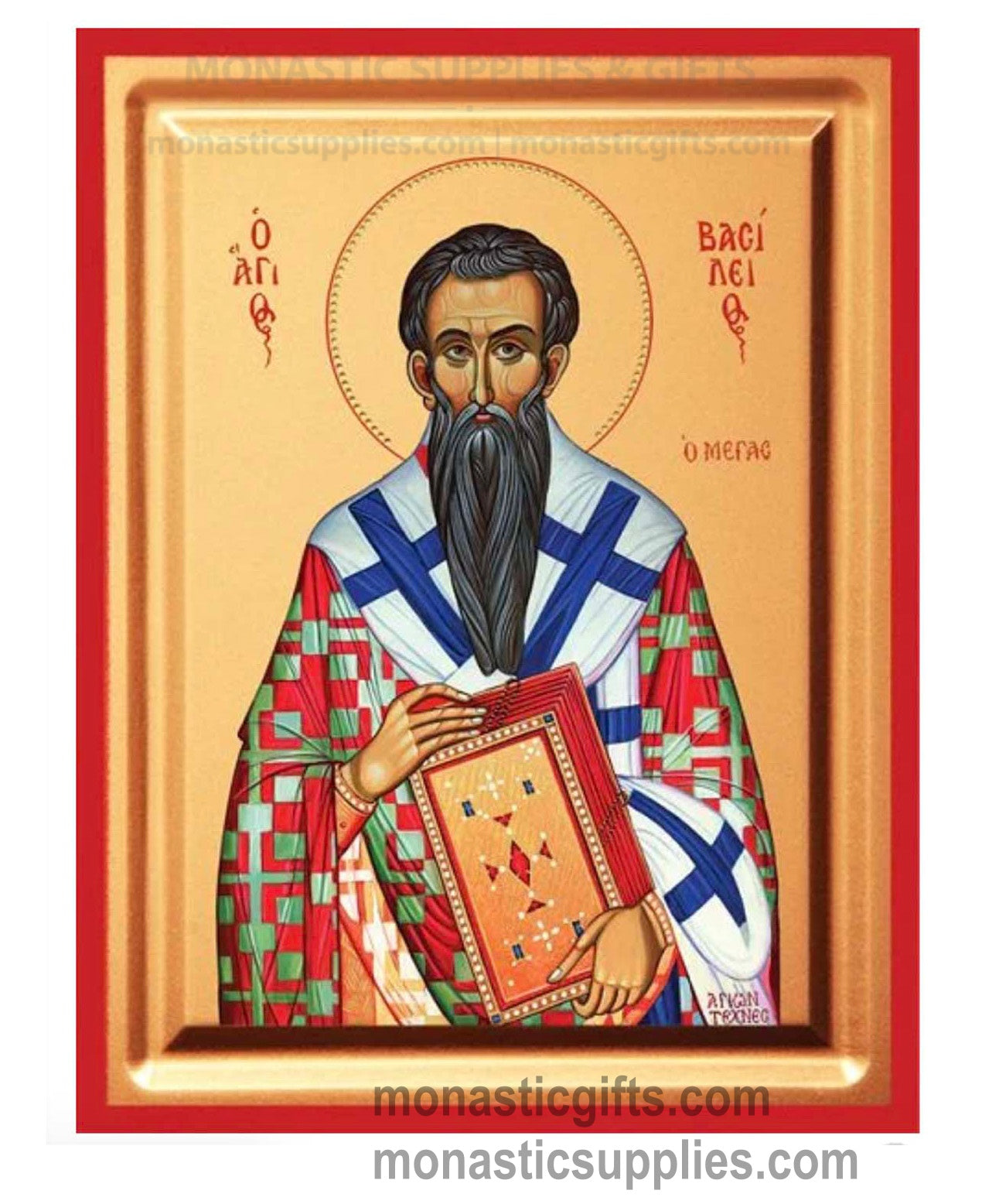 Saint Basil the Great holding a decorated Gospel book gold leaf wooden Byzantine icon