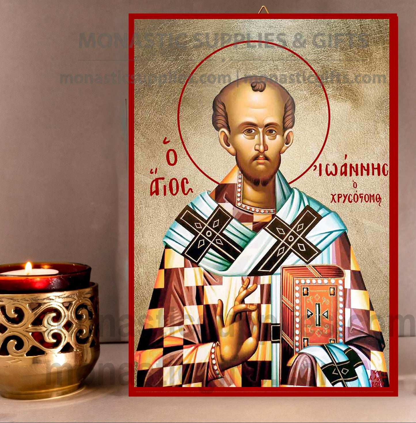 Handcrafted Orthodox gold leaf canvas icon of Saint John Chrysostom on solid wooden panel