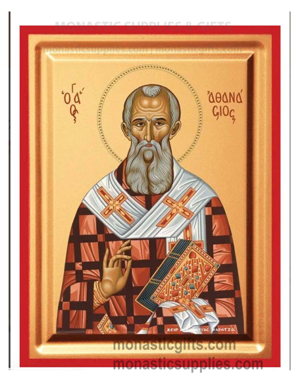 Saint Athanasius the Great blessing and holding a jeweled Gospel book gold leaf wooden Byzantine icon