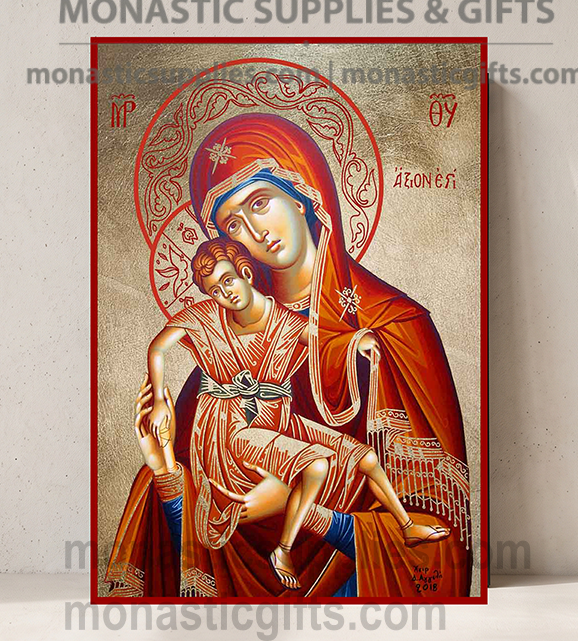 Handcrafted Orthodox gold leaf canvas icon of the Virgin Mary Axion Estin Truly Meet Protaton Mount Athos on solid wooden panel