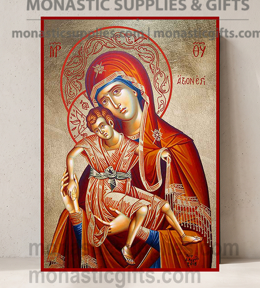 Handcrafted Orthodox gold leaf canvas icon of the Virgin Mary Axion Estin Truly Meet Protaton Mount Athos on solid wooden panel