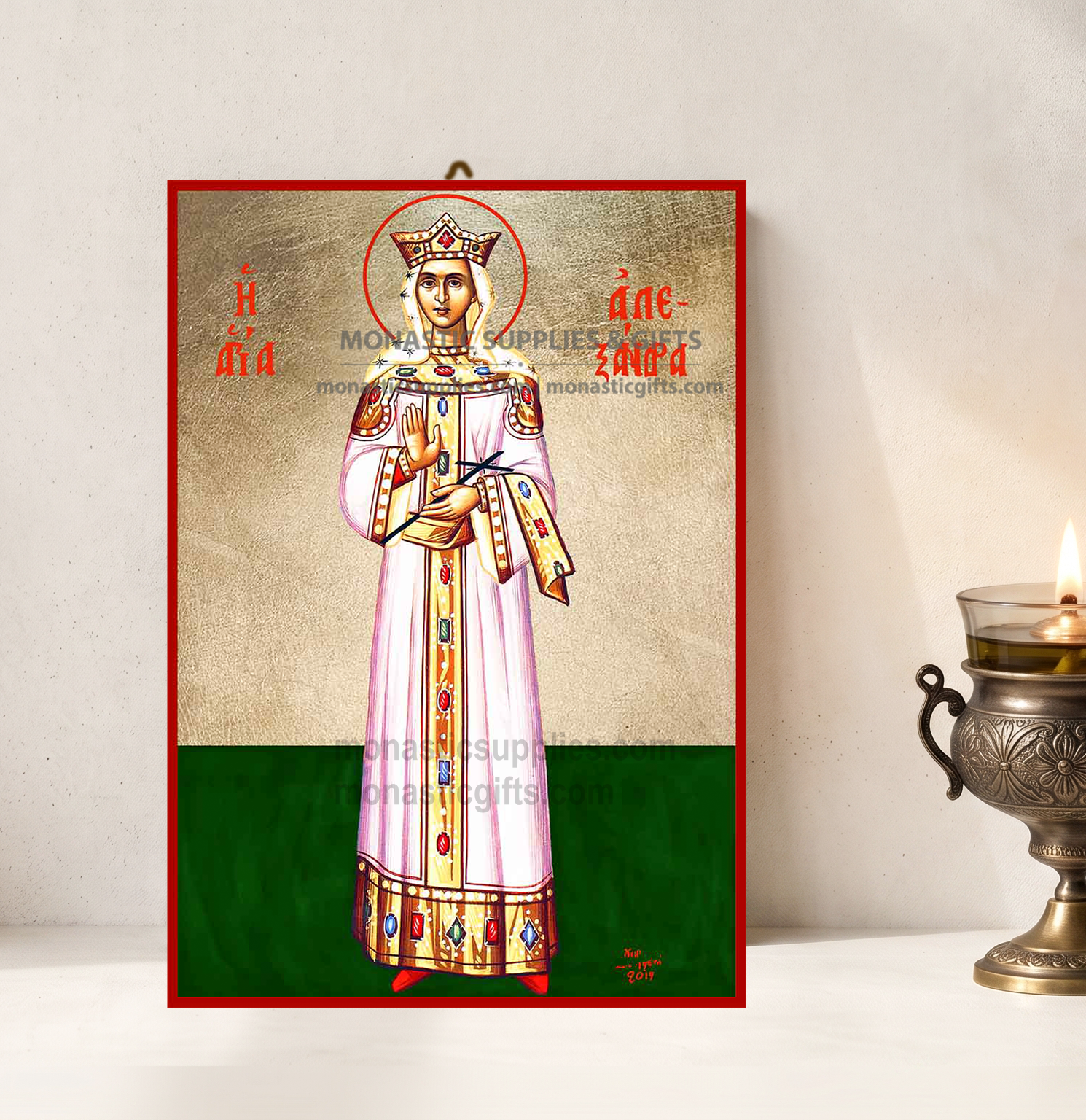 Handcrafted Orthodox gold leaf canvas icon of Saint Alexandra the Empress with royal crown on solid wooden panel
