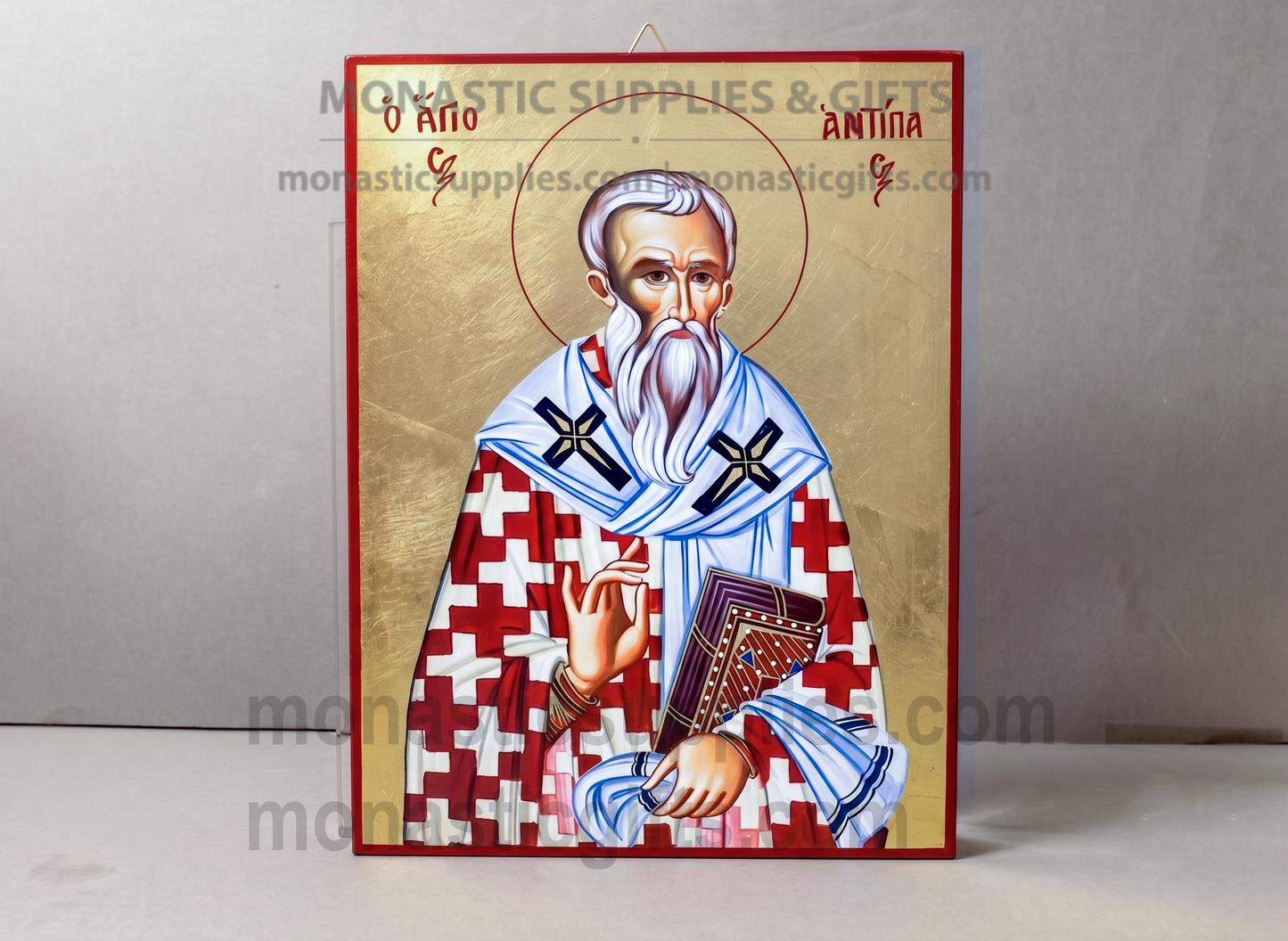 Handcrafted Orthodox gold leaf canvas icon of Saint Antypas on solid wooden panel