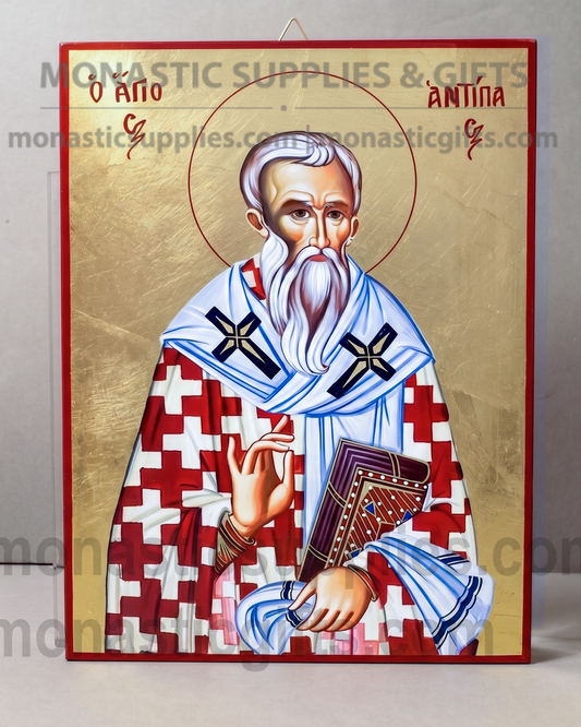 Handcrafted Orthodox gold leaf canvas icon of Saint Antypas on solid wooden panel