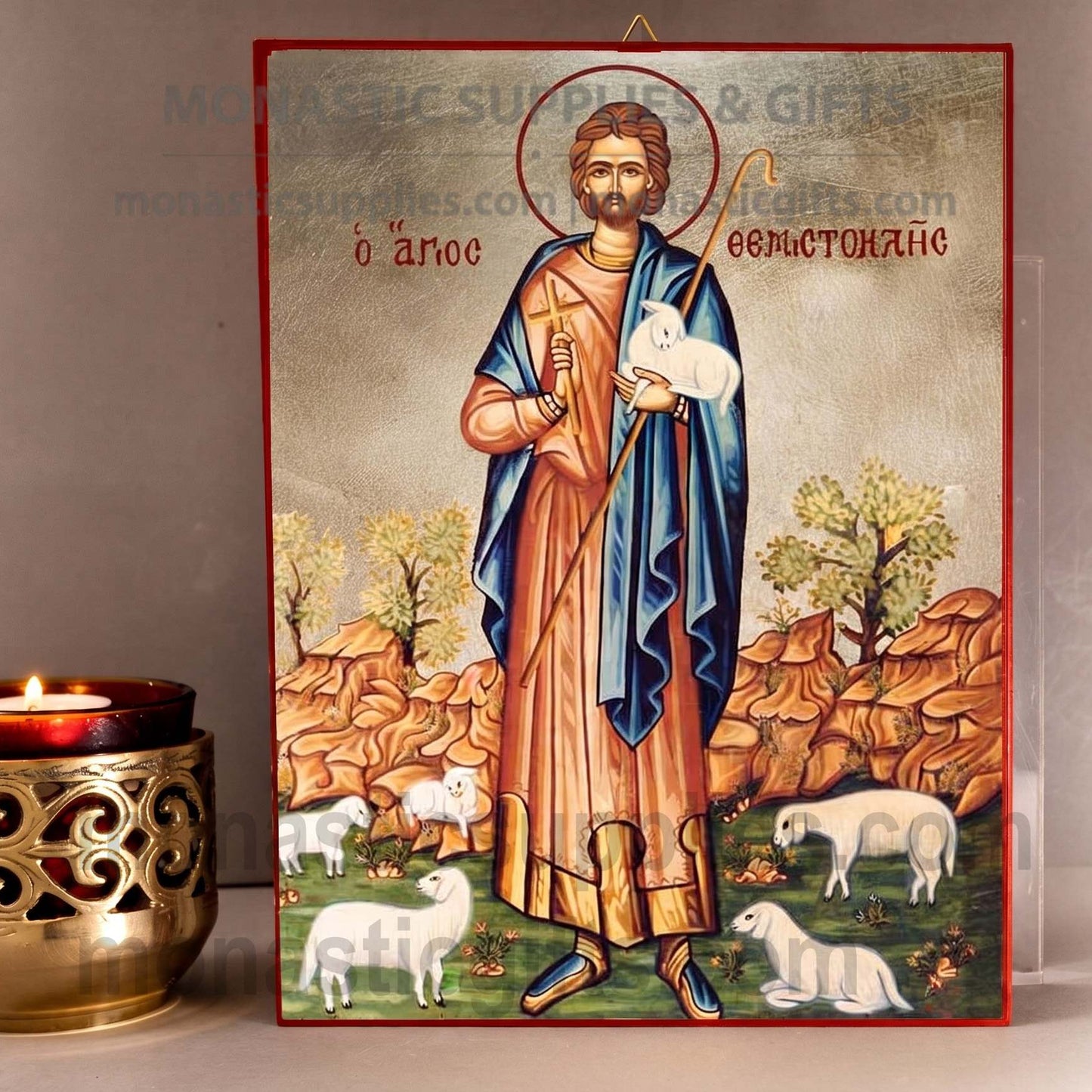 Handcrafted Orthodox gold leaf canvas icon of Saint Themistocles on solid wooden panel