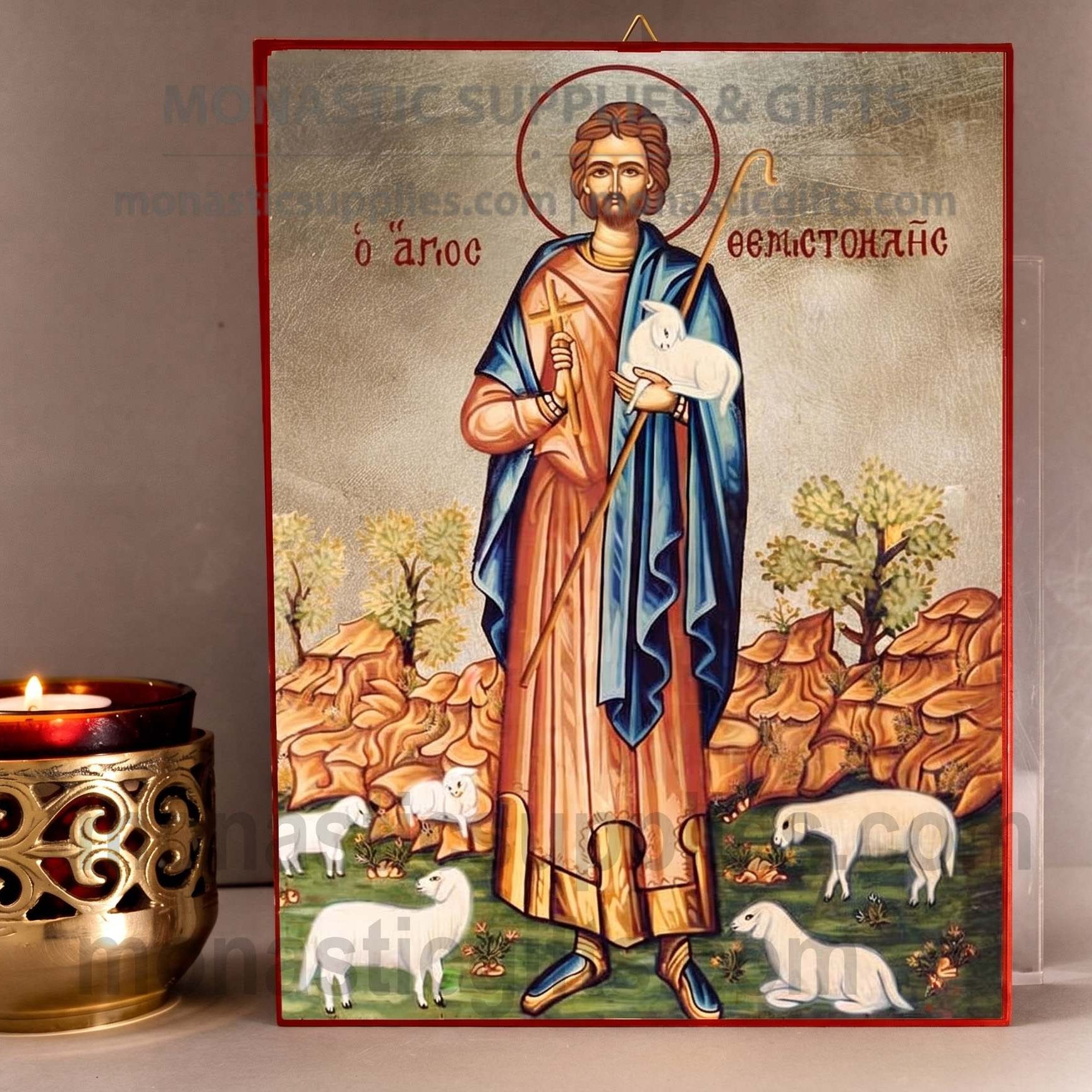 Handcrafted Orthodox gold leaf canvas icon of Saint Themistocles on solid wooden panel