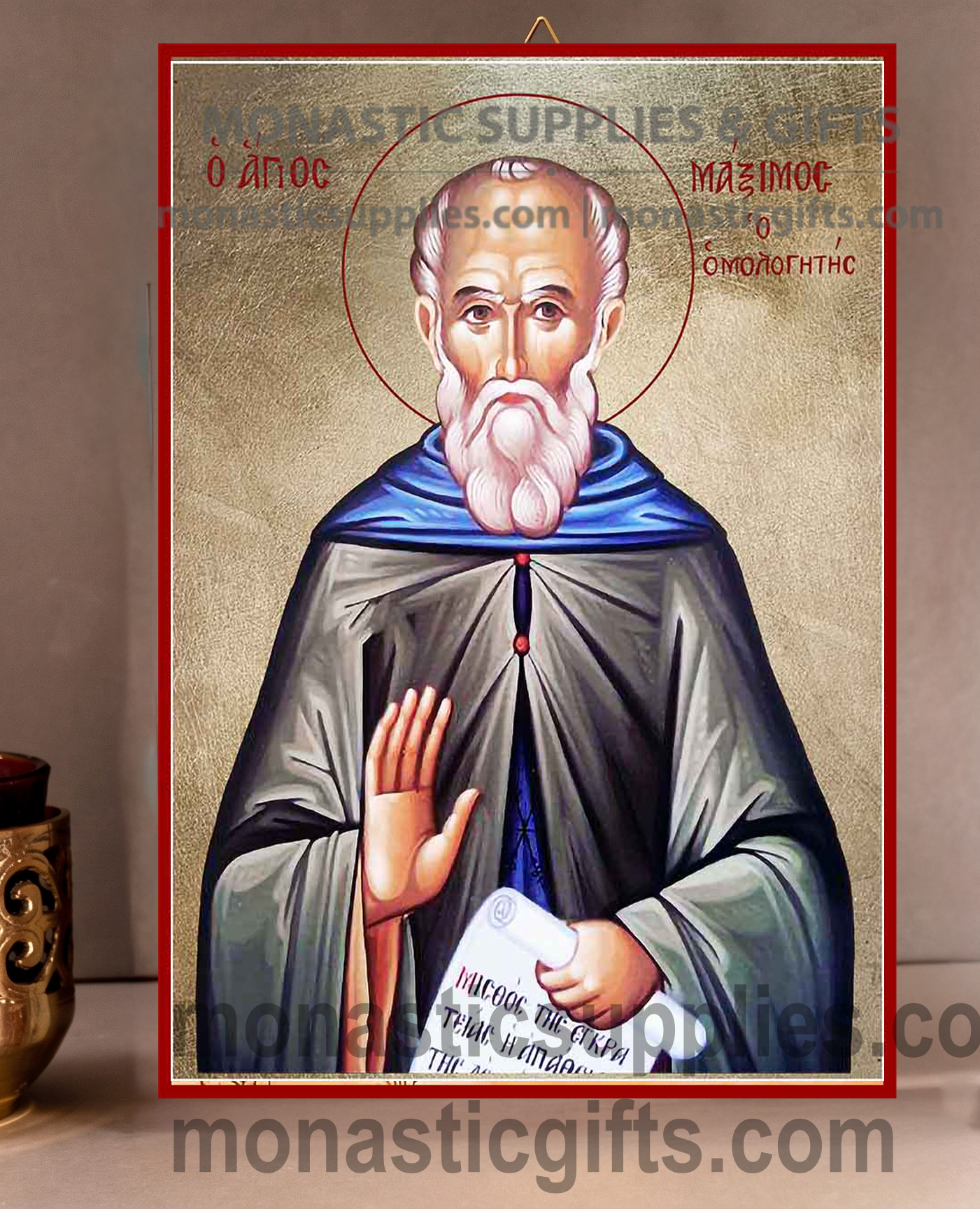Handcrafted Orthodox gold leaf canvas icon of Saint Maximus the Confessor patron of theologians and philosophers on solid wooden panel