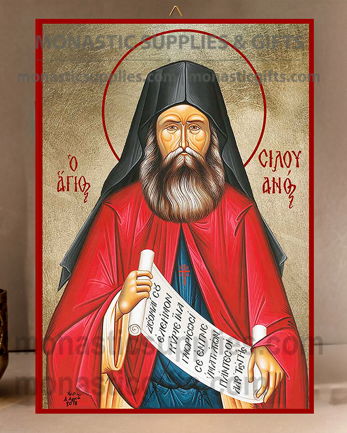 Handcrafted Orthodox gold leaf canvas icon of Saint Silouan the Athonite patron of humility and overcoming despair on solid wooden panel