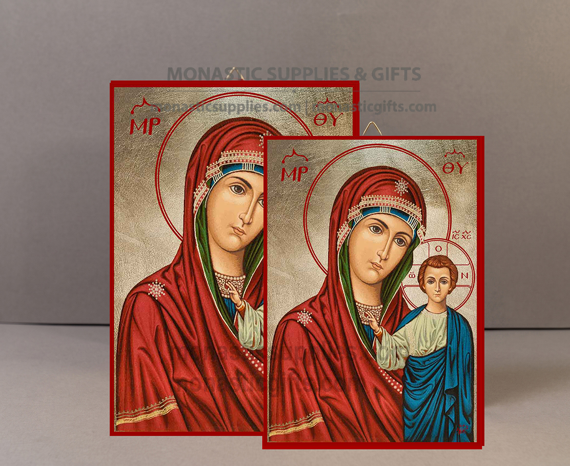 Handcrafted Orthodox gold leaf canvas icon of the Virgin Mary of Kazan Our Lady of Kazan on solid wooden panel