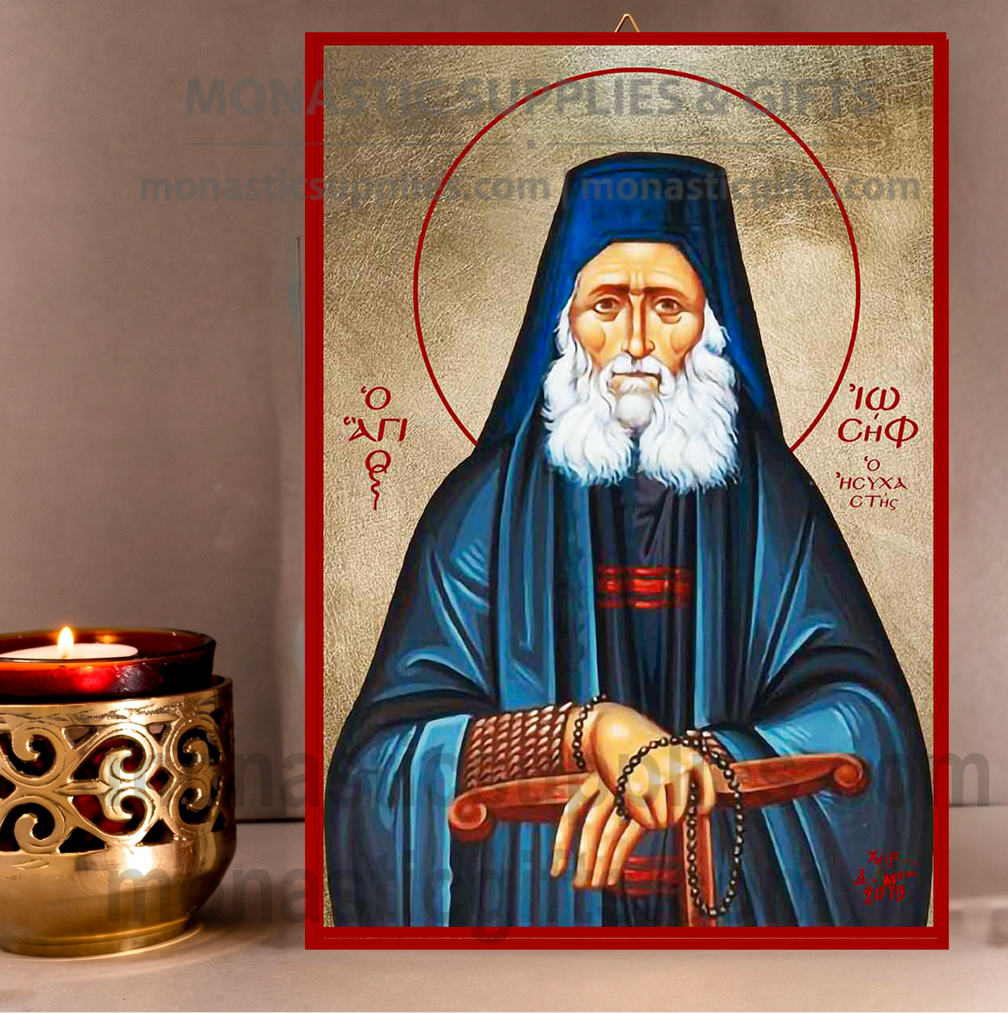 Handcrafted Orthodox gold leaf canvas icon of Saint Joseph the Hesychast on solid wooden panel