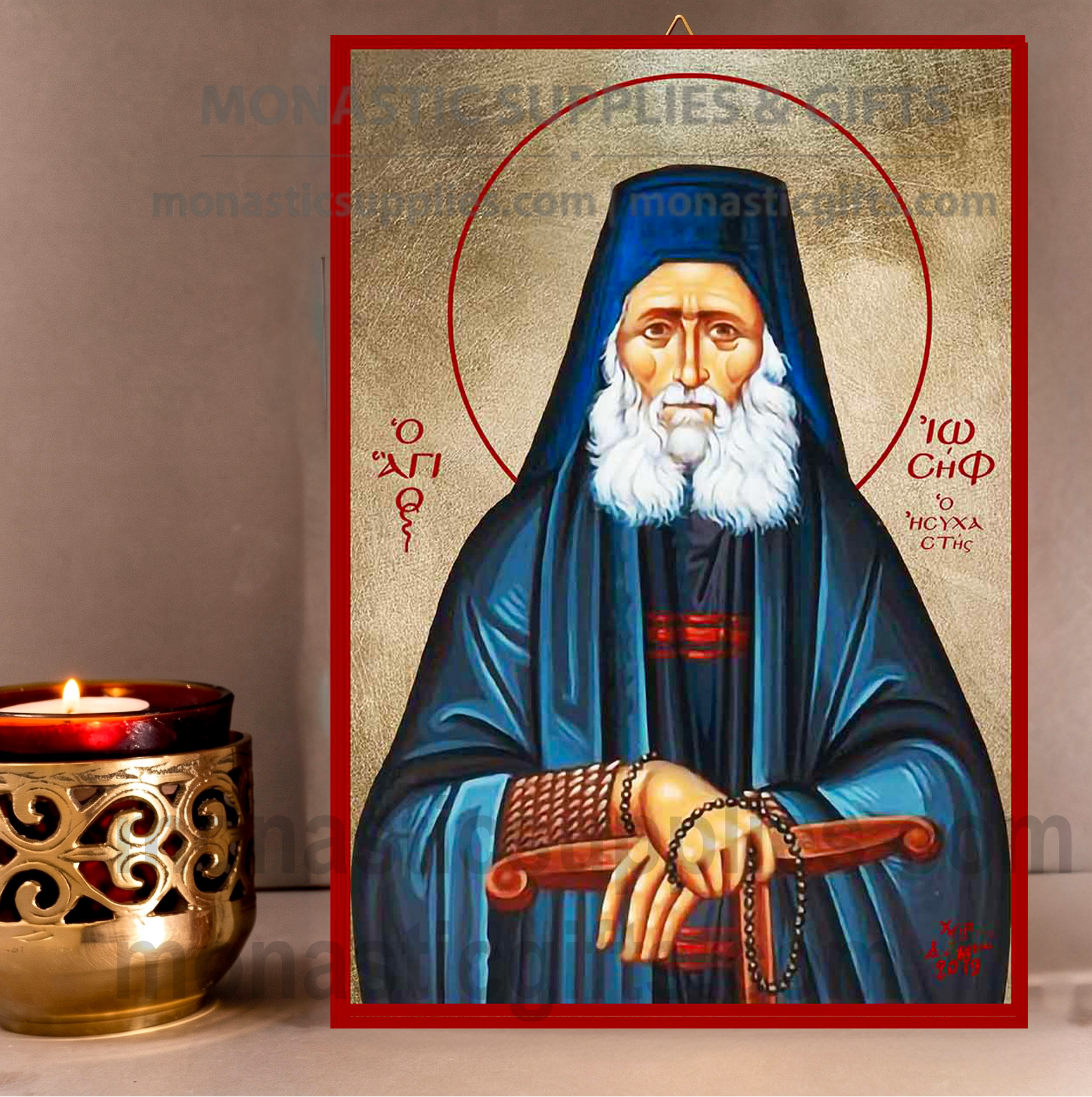 Handcrafted Orthodox gold leaf canvas icon of Saint Joseph the Hesychast on solid wooden panel