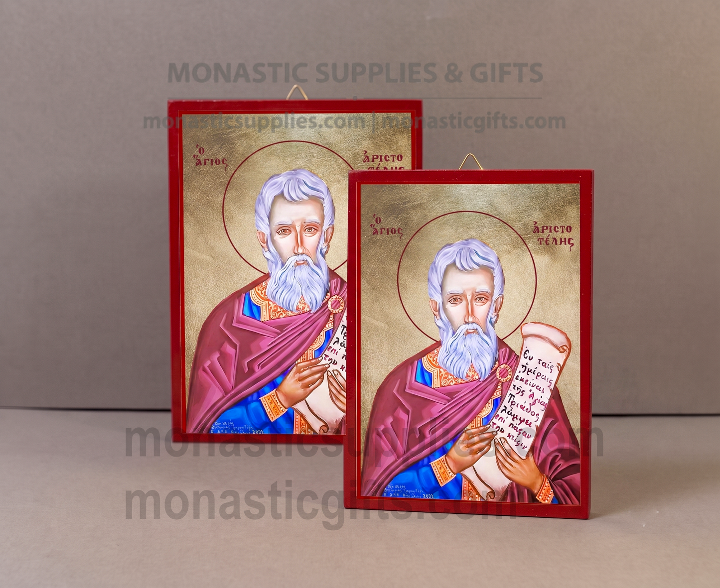 Handcrafted Orthodox gold leaf canvas icon of Saint Aristotle the Martyr on solid wooden panel