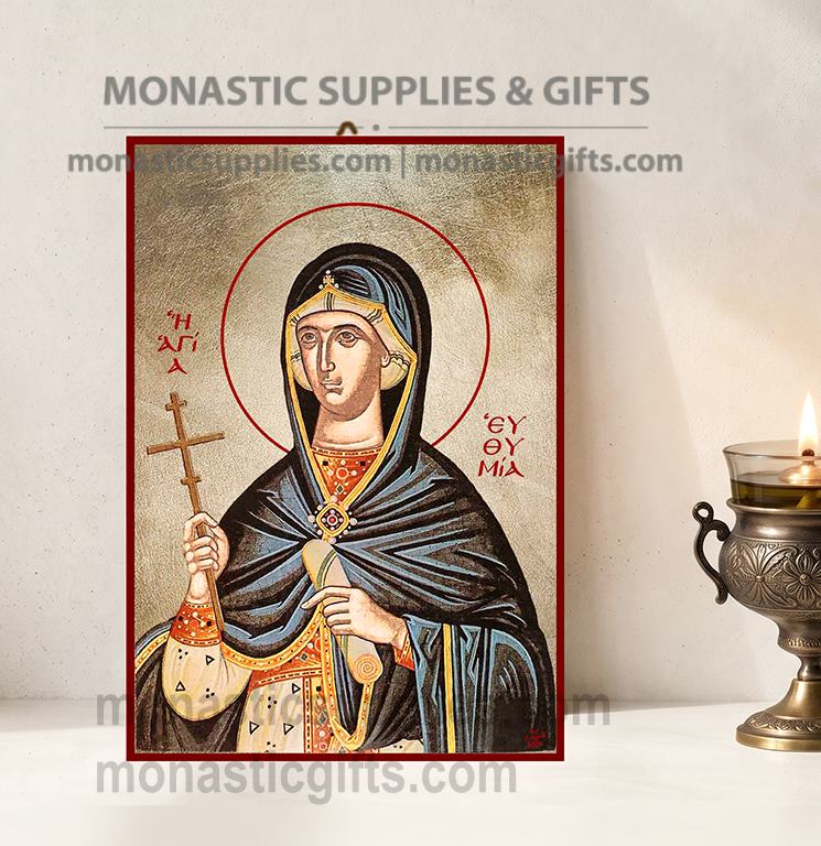Handcrafted Orthodox gold leaf canvas icon of Saint Euphemia the Great Martyr on solid wooden panel