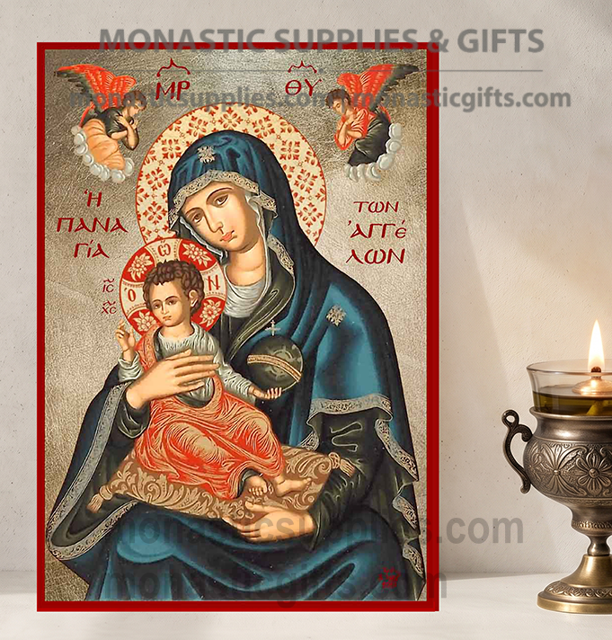 Handcrafted Orthodox gold leaf canvas icon of the Virgin Mary of the Angels Queen of Angels with Archangels on solid wooden panel